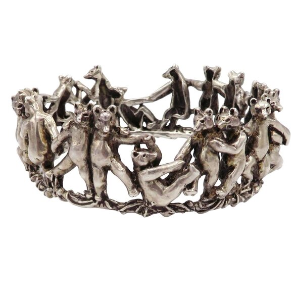 Vintage Jane Voorhees Chunky Sterling Silver Dancing Bears Crown Bangle Bracelet - Picture 2 of 10